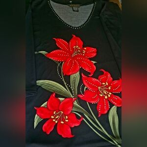 Black Women’s Floral V-Neck Top with Red Lily Print